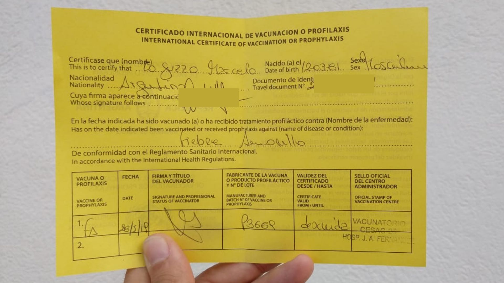 Certificado de Fiebre Amarilla.